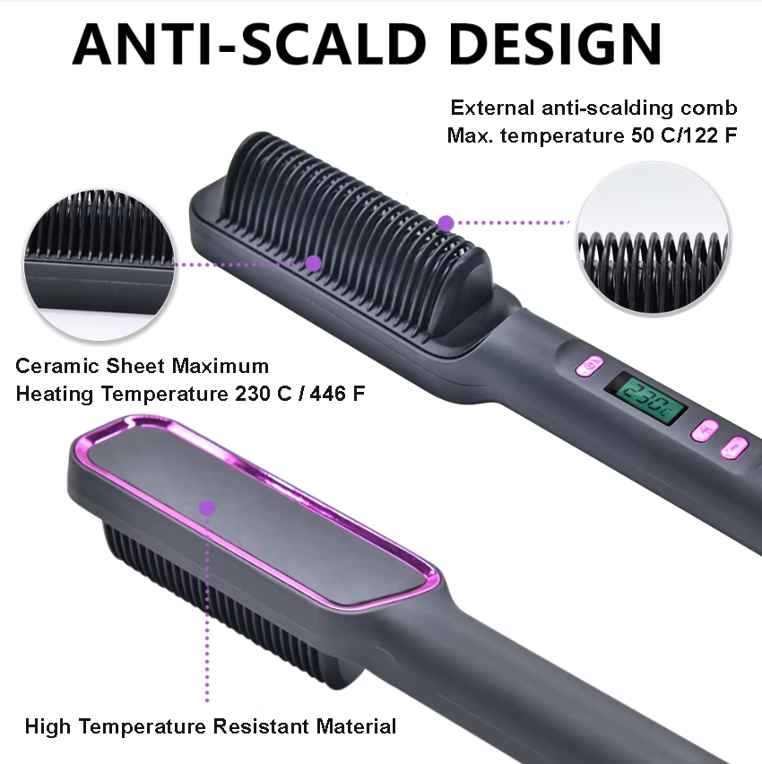Anti-Scald Heated Hair Straightening Comb – Fast Heating Hair Straightener & Curler | Smooth, Frizz-Free Styling (Purple, Pink, White, Gold, Gray) Hair Straightener Comb