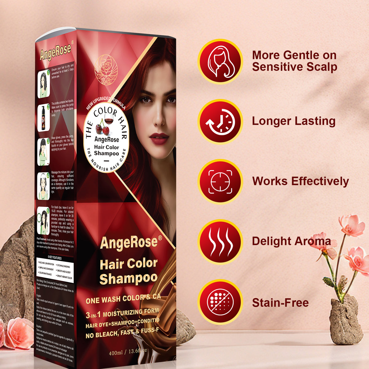 AngeRose Hair Color Shampoo, Hair Dye Shampoo, Instant Grey Hair Coverage, Wine Red, Chestnut Brown, Purple, Perfect Gifts for Women & Men