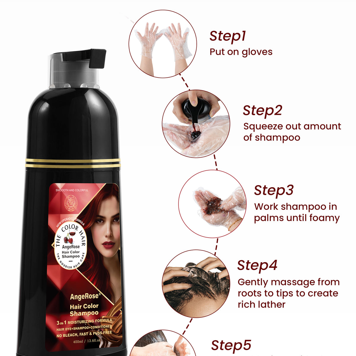 AngeRose Hair Color Shampoo, Hair Dye Shampoo, Instant Grey Hair Coverage, Wine Red, Chestnut Brown, Purple, Perfect Gifts for Women & Men
