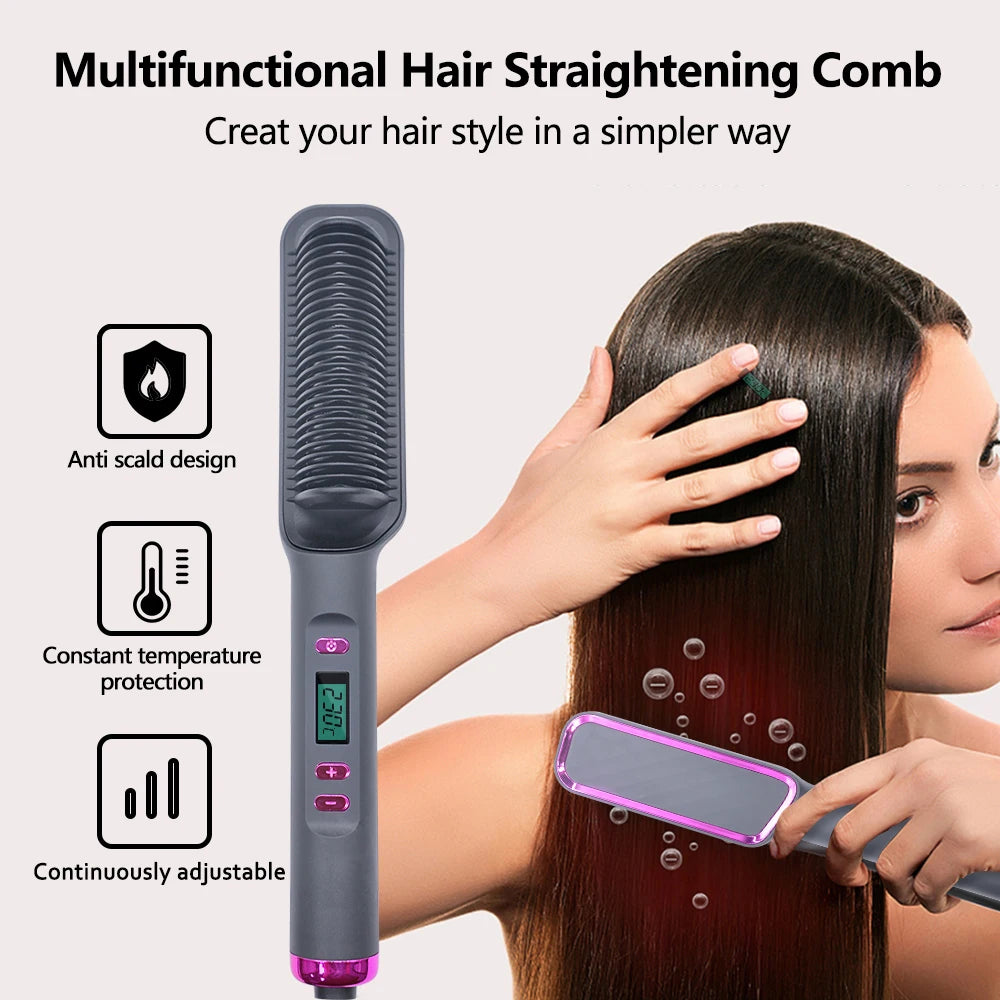Anti-Scald Heated Hair Straightening Comb – Fast Heating Hair Straightener & Curler | Smooth, Frizz-Free Styling (Purple, Pink, White, Gold, Gray) Hair Straightener Comb